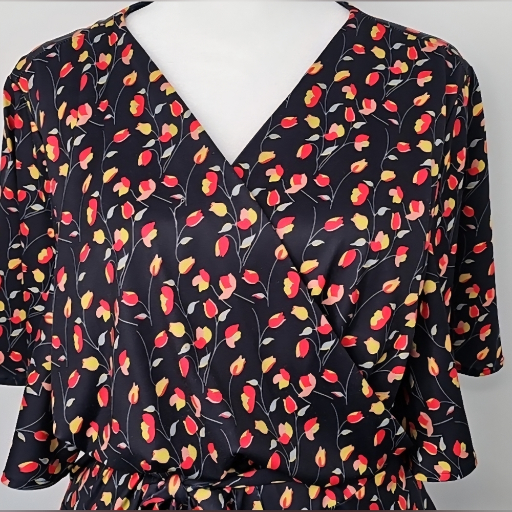 Hutch Flutter Sleeve Midi Wrap Dress Black wFlorals Coquette Feminine Office‎